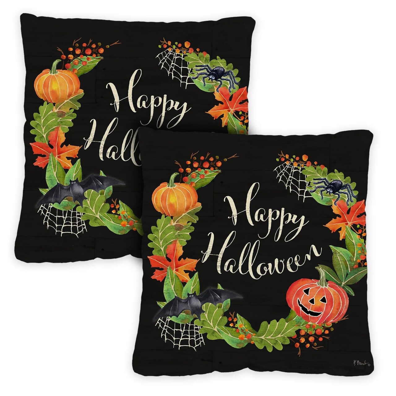 Toland Home Garden Set of 2 "Happy Halloween" Wreath Outdoor Patio Throw Pillow Covers 18"